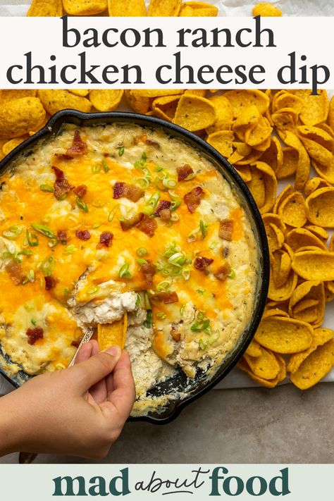 This Bacon Ranch Chicken Cheese Dip is the chicken dip you need for every football party and tailgate. Serve this chicken ranch dip with Fritos for the ultimate crowd pleaser. Chicken Cheese Dip, Spicy Buffalo Chicken Dip, Bacon Ranch Dip, Panini Recipes Chicken, Buffalo Chicken Tacos, Chicken Dip Recipe, Bacon Dip, Chicken Dip, Chicken Dips