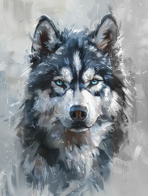 Full Color Image in ai-img-gen.com 🔸 husky --ar 3:4 --s 250 🔸 From Midjourney AI Image Wolf With Blue Eyes, Dreamy Background, Painterly Style, Wolf Artwork, Color Image, A Wolf, Colour Images, Brush Strokes, Blue Eyes