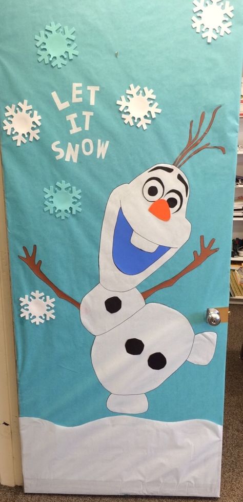 Olaf classroom door! Great for winter! Winter Season Theme Preschool, Frozen Themed Classroom Door, Christmas Board Decoration Ideas For School Aesthetic, Frozen Classroom Decorations, Olaf Door Decorations For School, Disney Christmas Classroom Door, Olaf Door Decoration, Snowflake Classroom Door, Olaf Christmas Door