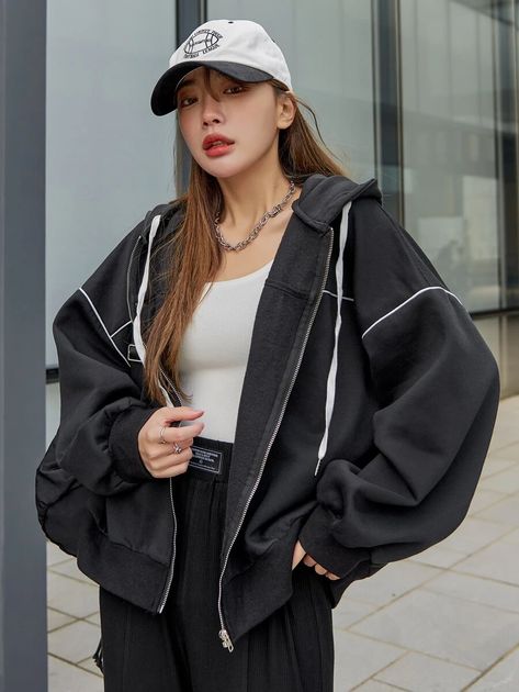 DAZY Contrast Piping Drop Shoulder Zipper Drawstring Thermal Hoodie | SHEIN Big Hoodies, Thermal Hoodie, Women Sweatshirts, Contrast Piping, Online Mens Clothing, Zipper Hoodie, Winter Women, Drop Shoulder, Pretty Outfits