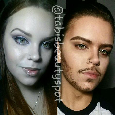 Girl to boy makeup transformation by @tabisbeautyspot Facial Hair Makeup Halloween, Facial Hair Makeup, How To Look Like A Man Makeup, Masculine Face, How To Do Masculine Makeup, Male To Female Makeup, Trans Men Makeup, Female To Male Makeup, Masculine Makeup