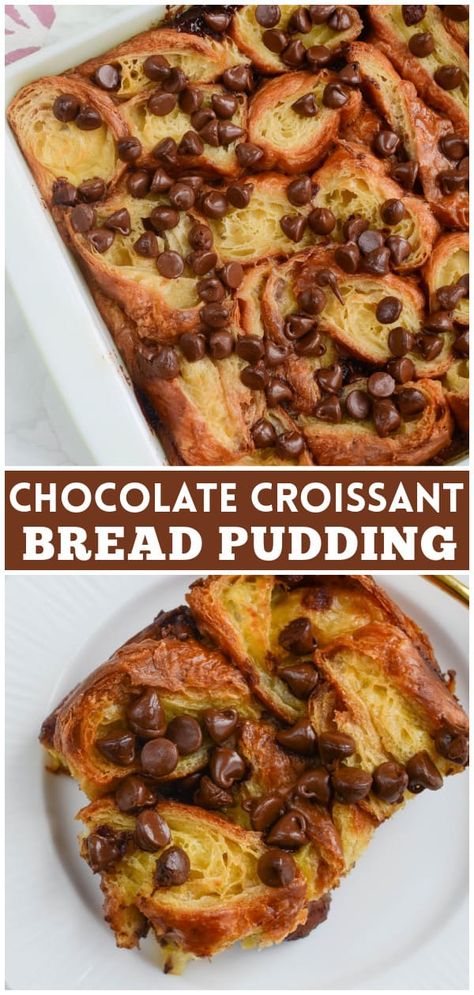 Chocolate Chip Croissant Bread Pudding - the most decadent breakfast (or dessert)! Sliced croissants in sweet custard with chocolate chips sprinkled in! Chocolate Chip Croissant, Chocolate Croissant Bread Pudding, Breakfast Bread Pudding, Decadent Breakfast, Croissant Bread Pudding, Croissant Bread, Chocolate Chip Bread, Diy Easy Recipes, Breakfast Bread