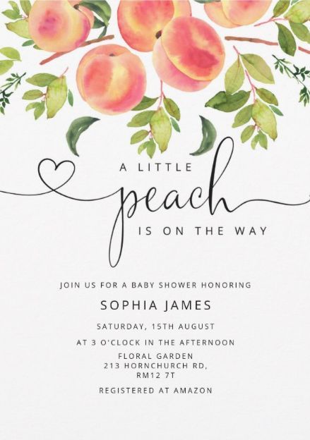 A little peach is on the way! Cute girl baby shower invitations featuring watercolor peaches design. afflink May Baby Shower Ideas Girl, June Baby Shower Ideas Girl, A Little Peach Is On The Way, Georgia Peach Baby Shower, Little Peach Baby Shower Ideas, Peaches Baby Shower Theme, Cute Baby Shower Themes For A Girl, Baby Shower Peach Theme, Summer Baby Shower Ideas Girl