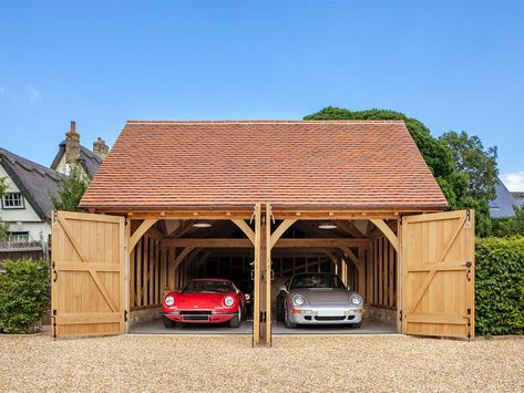 Oak frame garage to house classic cars | Oakwrights Outbuilding Ideas, Timber Frame Garage, Granny Annexe, Car Ports, Border Oak, Timber Garage, Covered Terrace, Oak Frame House, Oak Framed Buildings