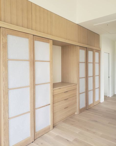 Japanese Wardrobe Design, Japandi Closet, Japandi Wardrobe, Japanese Closet, Japanese Wardrobe, Rift Sawn White Oak, Shoji Paper, Shoji Doors, Door Bathroom