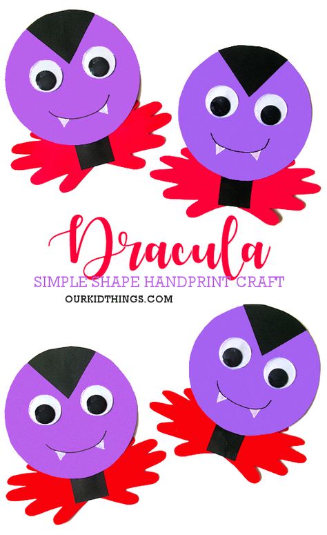 Simple Shape Handprint Dracula Craft - Our Kid Things D Is For Dracula Craft, Vampire Crafts Preschool, Vampire Crafts For Kids, Dracula Craft, Halloween Crafts For Kids Preschool, Tk Crafts, Monster Crafts For Kids, Vampire Craft, Frankenstein Craft