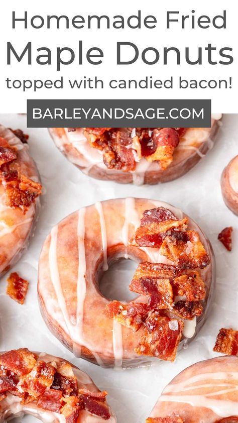 These deep fried maple bacon donuts are full of flavor from real maple syrup and then topped with candied bacon for a delightful sweet and savory treat! The donuts are light, fluffy, and the most perfect fall dessert! Maple Bacon Donuts Recipe, Maple Donuts Recipe, Donut Delight, Maple Bacon Donut, Potato Donuts, Maple Donuts, Baking Challenge, Bacon Donut, Apple Cider Donuts Baked