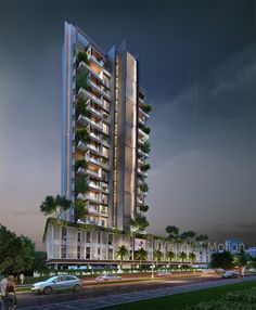 ` a night cgi scene for high rise residential Condominium Facade, High Rise Residential, Condominium Architecture, Home Development, Condominium Design, Apartment Exterior, Facade Architecture Design, Residential Building Design, Building Elevation