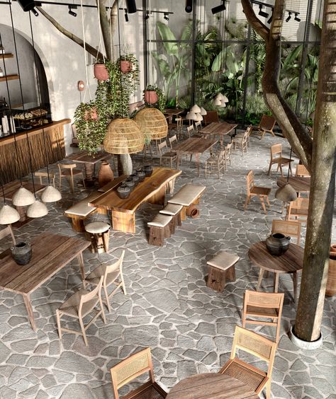 Industrial Restaurant Design, Rustic Restaurant Interior, Bohemian Restaurant, Boho Restaurant, Farm Restaurant, Casa Cook, Rustic Cafe, Outdoor Restaurant Design, Industrial Restaurant