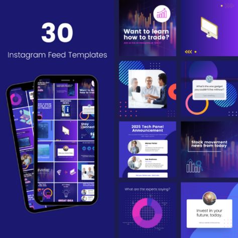 Blue and purple cyber social media templates for Instagram feed layout. Using 1080x1080px layout, these templates encourage engagement and are eye catching. Blue Instagram Feed, Instagram Infographic, Cohesive Instagram Feed, Blue Instagram, Recruitment Poster, Instagram Grid, Stock Broker, Social Media Poster, Purple Colour