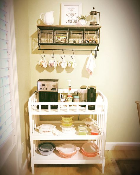 Baby changing table turned coffee station Ikea Changing Table Repurpose, Changing Table Ideas Repurpose, Diy Changing Table Repurposed, Changing Table Repurpose Coffee Bar, Repurposing Changing Table, Changing Table Repurpose, Painted Furniture Ideas Dressers, Country Living Room Furniture, Distressed Furniture Painting