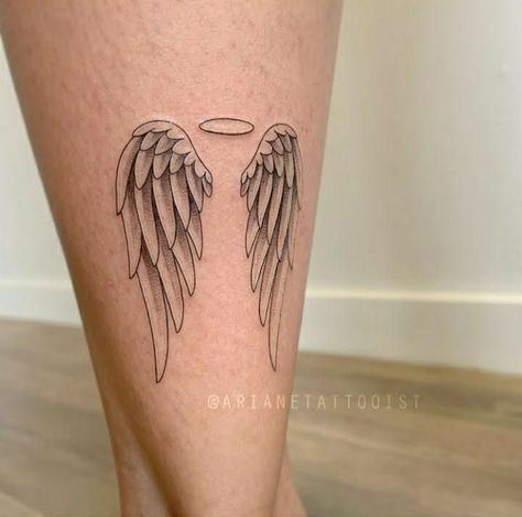 Simple Angel Wings Tattoo Design, Angel Wing Tattoo Placement, Angel Wing Knee Tattoo, Angel Wings Tattoo Forearm Women, Half Angel Wing Tattoo, Angles Tattoos, Angel Wings Tattoo Placement, Fine Line Angel Wings Tattoo, Naomi Tattoo