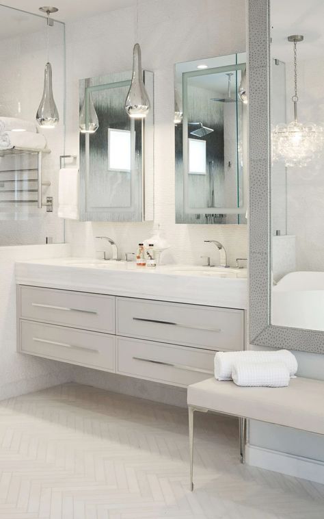 Floating Vanity Bathroom Modern, Bathroom With Double Vanity, Floating Vanity Bathroom, Transitional Style Bathroom, Floating Vanities, Bathrooms Modern, Glamorous Bathroom, Modern Traditional Style, Industrial Style Bathroom