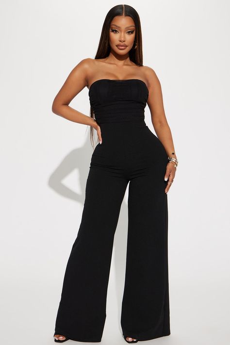 Available In Black And Rose. Jumpsuit Tube Padded Bra Cups Ruched Wide Leg Hidden Side Zipper Stretch 95% Polyester 5% Spandex Imported | Gift Of Love Jumpsuit in Black size Medium by Fashion Nova Rose Jumpsuit, Turquoise Jumpsuit, Nice Rompers, Denim Short Jumpsuit, Black Strapless Jumpsuit, Brown Jumpsuits, Fashion Nova Jumpsuit, Black Leotard, Fashion Nova Outfits