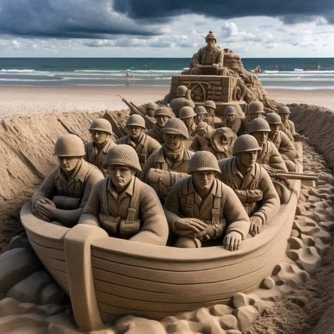 Sand sculpture symbolizing the landing of 1944.. Beach Sand Art, Sand Sculpture, Snow Sculptures, Sand Sculptures, Rail Car, Big Art, Wood Carving Art, Sand Art, Sand Castle