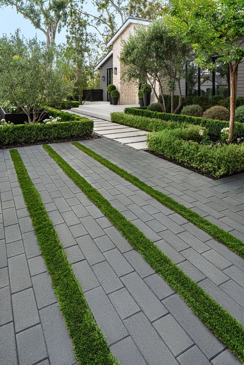 Brick Pathway Garden, Concrete And Pavers, Modern Landscape Design Front Yard, Modern Driveway, Brick Pathway, Driveway Ideas, Paving Design, Driveway Paving, Driveway Design