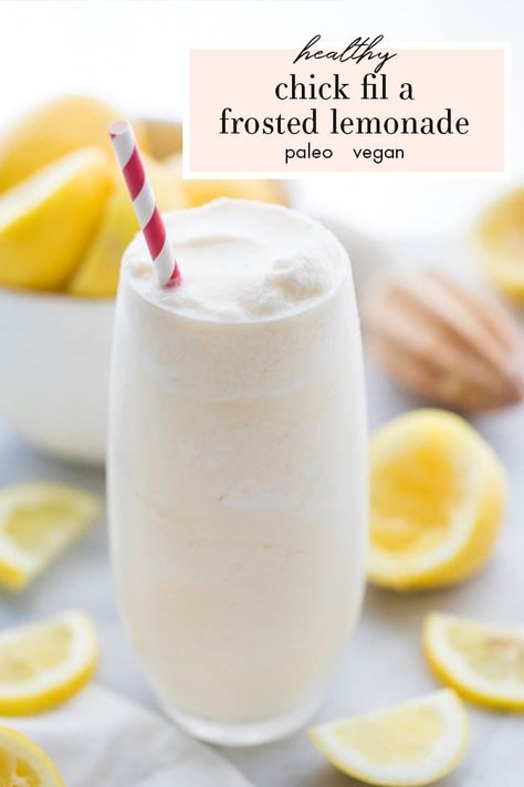 This healthy Chick Fil A frosted lemonade recipe is totally life changing. Paleo and vegan, this summer treat is creamy, tangy, and refreshing, without ice cream! Dairy free and easy, the whole family will love this - guilt free! #healthy #paleo #vegan #chickfila #summer #healthy #desserts #recipe #dairyfree Healthy Frosted Lemonade, Frosty Lemonade Recipe, Healthy Summer Cocktails, Summer Paleo Recipes, Vegan Frosty, Healthy Lemon Recipes, Chick Fil A Frosted Lemonade, Healthy Lemonade Recipe, Paleo Vegan Recipes