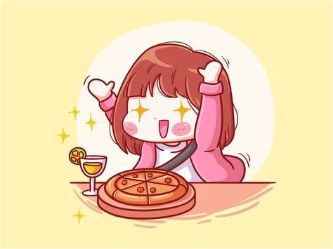 Cute and kawaii girl excited to eat food... | Premium Vector #Freepik #vector #food #girl #cartoon #pizza Cute Eating Cartoon, Cartoon Eating Food, Eating Doodle, Eating Food Drawing, Eat Cartoon, Chibi Eating, Cartoon Eating, Angry Anime Face, Eating Illustration