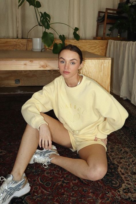 Our Best Selling Malibu Athletics Crewneck now comes in a SET! DETAILS ♡ Yellow Embroidered Crewneck with matching shorts ♡ Extra-Small (00-0) Small (0-2), Medium (2-4), Large (6-8) Yellow Sporty Outfit, Cute Athleisure Outfits, Yellow Crewneck, Outfits Athletic, Yellow Outfit, Yellow Sweatshirt, Embroidered Crewneck, Athleisure Outfits, Travel Collection