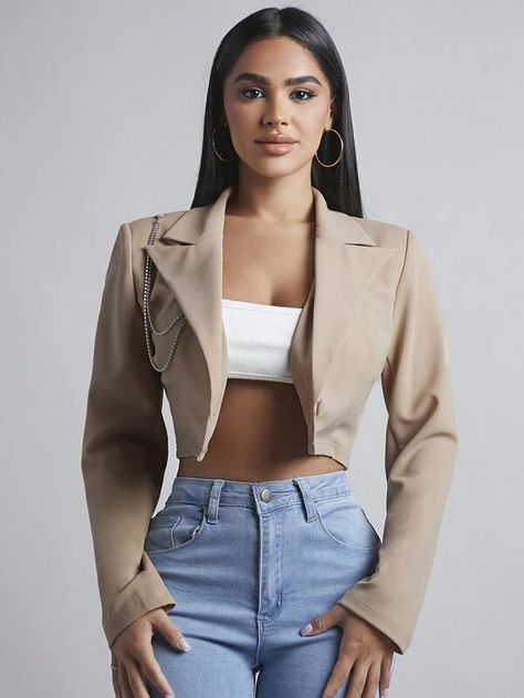 SHEIN PETITE Lapel Neck Crop Blazer | SHEIN USA Short Blazer Outfits, Cropped Blazer Outfit, Blazer With Shorts, Amaya Colon, Best Man's Outfit, Short Blazer, Blazer Outfits For Women, Loungewear Outfits, Crop Blazer