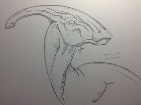 Dinovember day 1 - Parasaurolophus (pencil, mobile camera) - Ryan McMurry 2016 Parasaurolophus Drawing, Dinosaur Drawing Sketch, Parasaurolophus Tattoo, Parasaurolophus Art, Velociraptor Drawing, Drawing Dinosaurs, Dinosaur Reference, Dinosaur Pencil, Dino Drawing