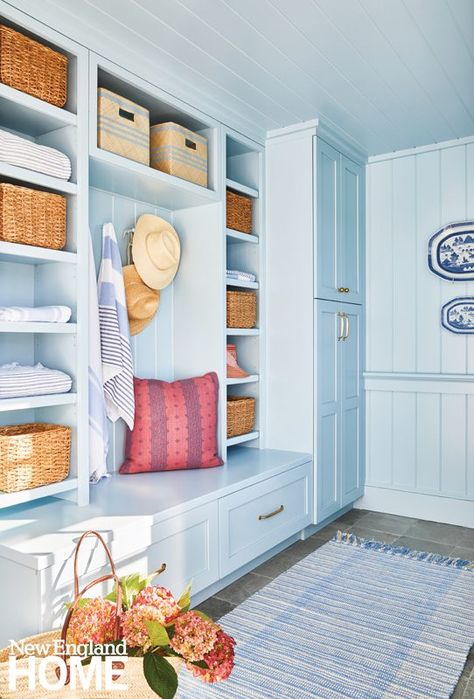 Charm Abounds in This Nantucket Cottage - New England Home Magazine Beach House Entryway, Renovated Cottage, Nantucket Style Homes, England House, Nantucket Cottage, Nantucket Style, Fireplace Tile Surround, Mudroom Design, Stools For Kitchen Island