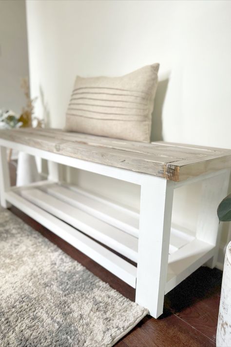 farmhouse entryway bench Diy Farmhouse Entryway Bench, Diy Seating Bench With Storage, Entry Way Bench Diy Plans, Homemade Bench Indoor, Diy Bench With Shoe Storage, Diy Bench With Shelf, Diy Shoe Bench Entryway, Shoe Bench Entryway Diy, Shoe Bench Diy