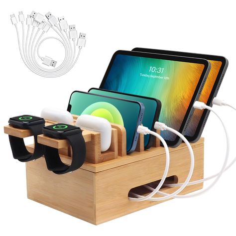 PRICES MAY VARY. Multi Device Organization: This charging station organizer can accommodate up to 8 devices simultaneously, including Phones, Tablets, Earphones and Watches, eliminating cable clutter and keep your devices neatly organized Secure and Stable Magnetic Base: adopts a magnetic base, ensuring easy assembly and disassembly, ensuring the safety and stability of your devices Dedicated Watch and Earphone Holder: equipped with two earphones and two smartwatch holders that can charge multip Docking Station Organizer, Bedside Charging Station Ideas, Charging Station Ideas Kitchen, Organizing Cords And Chargers, Electronics Charging Station, Charging Station Box, Charging Station Ideas, Device Charging Station, Wooden Charging Station