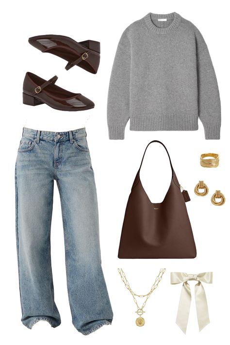 Get Cozy with the Cutest Fall Outfit!  Sweater weather is here and we’re all about it! Check out this adorable gray sweater paired with blue jeans and a brown bag. But let’s not forget about the gold jewelry and bows that add the perfect touch of glam. This look is not only cute, but it’s also super comfortable and versatile for any occasion.  #FallFashionInspo #FallFashion #CozyAndCute #GoldJewelry Grey And White Striped Sweater Outfit, Light Denim Jeans Outfit Winter, How To Style Grey Sweater, Gray Brown Outfit, Light Gray Sweater Outfit, Light Gray Jeans Outfit, Light Grey Sweater Outfit, Light Grey Jeans Outfit, Light Denim Jeans Outfit