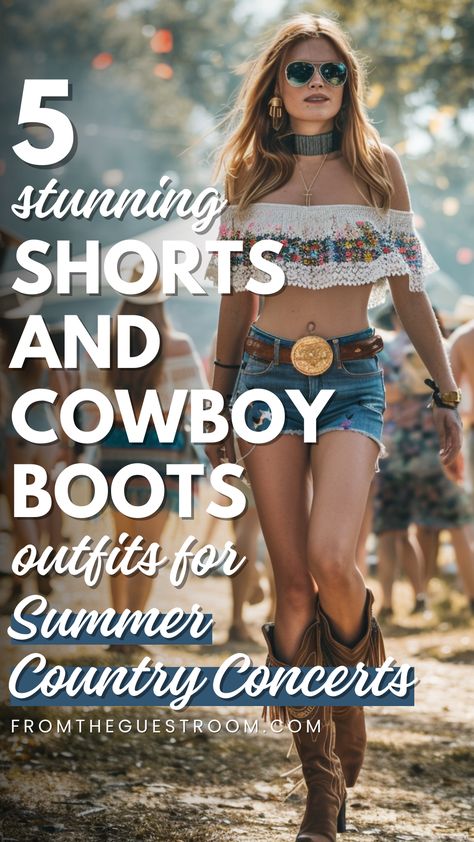 a woman wears shorts and cowboy boots for summer country concert, western outfits Leather Shorts And Cowboy Boots Outfit, Cowgirl Boots And Shorts Outfit, Country Concert Outfit Shorts, Concert Outfit Shorts, Shorts And Cowboy Boots Outfit, Cowboy Boots Outfit Summer, Short Cowboy Boots Outfit, Cowboy Boots Women Outfits, Black Cowboy Boots Outfit