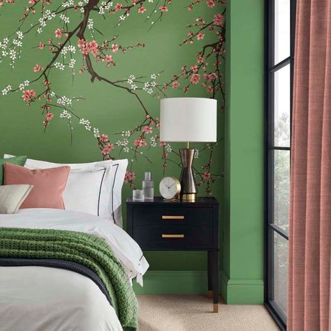 Pink Green Bedrooms, Cherry Blossom Bedroom, Wall Painting Designs, Green Bedroom Walls, Two Worlds Collide, Green Painted Walls, Painting Textured Walls, Bedroom Murals, Wall Murals Painted