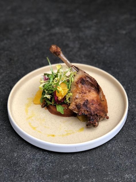 How to Make Pernoi’s Confit Duck Legs - Hour Detroit Magazine Duck Dishes Fine Dining, Duck Fine Dining, How To Make Duck Confit, Duck Leg Recipes, Duck Confit Plating, Duck Confit Recipe French, Confit Duck Leg Fine Dining, Chicken Confit, Confit Duck Leg