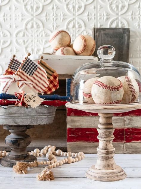 baseballs, patriotic vignette, flags Vintage Patriotic Vignettes, Patriotic Vignette, Diy Flag, Handmade Flags, Campfire Marshmallows, Vintage Booth, Vintage Patriotic, July Ideas, Wood Flag