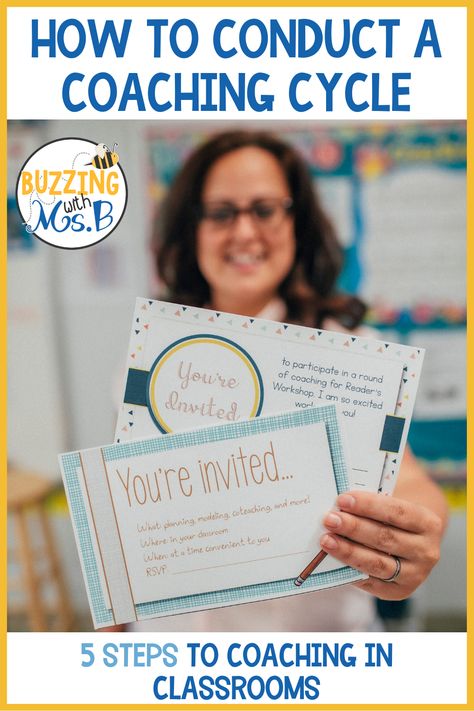 Conducting an instructional coaching cycle can be scary and stressful, but these five steps will help you get started with coaching in classrooms! Learn about how instructional coaches can support teachers through choosing and inviting a teacher to work with you, planning together, coteaching, debriefing, and more, all bundled into one friendly coaching cycle. These strategies and ideas will provide you with an easy approach to coaching! #instructionalcoaching #coachingcycle Instructional Coaching Cycle, Literacy Coach Bulletin Board Ideas, Instructional Coaching Bulletin Board, Instructional Coach Office, School Leadership Principal, Instructional Specialist, Instructional Coaching Forms, Instructional Coaching Tools, Math Coaching