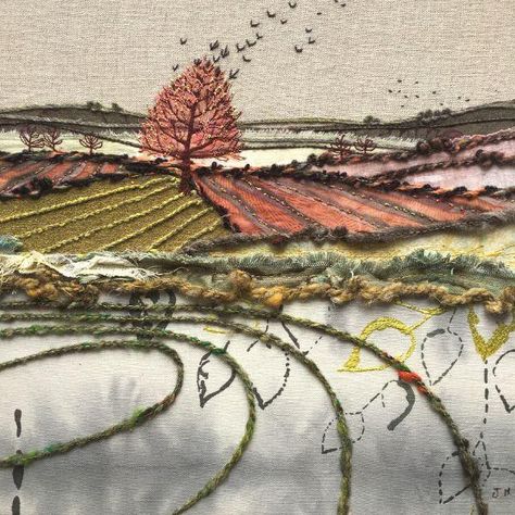 Handmade Wall Hangings Slow Stitching Landscapes, Jo Hill Textiles, Handmade Wall Hangings, Landscape Art Quilts, Textile Art Embroidery, Creative Textiles, Hand Dyed Wool, Hand Dyed Fabric, Landscape Quilts