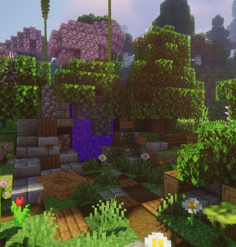 Overgrown Nether Portal Design, Overgrown Nether Portal Minecraft, Overgrown Nether Portal, Aesthetic Nether Portal, Overgrown Minecraft, Minecraft Overgrown, Minecraft Portal Design, Nether Portal Design, Minecraft Space