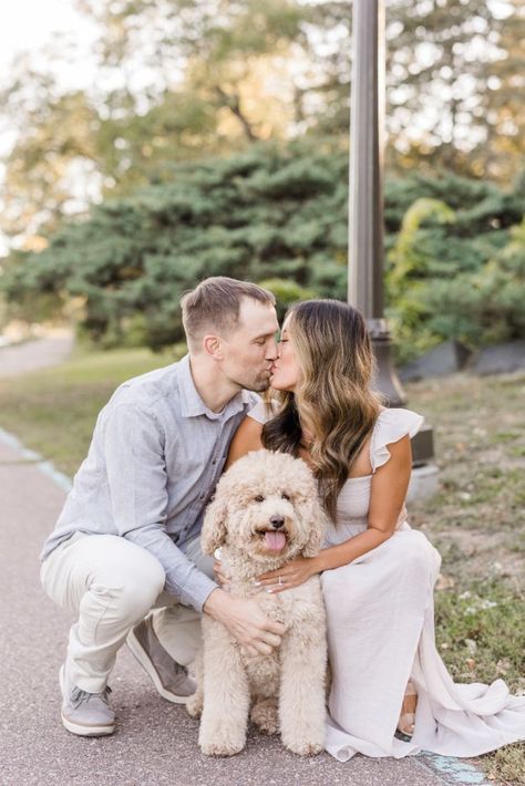 Engagement photos with dog in Saint Paul, Minnesota with goldendoodle Dog In Engagement Photos, Puppy Engagement Pictures, Couple Pictures With Dogs Fall, Couple With Dog Poses, Engagement Photo Dog, Engagement Photoshoot Ideas With Dogs, Engagement Session With Dog, Engagement Pics With Dog, Engagement Photos Poses With Dog