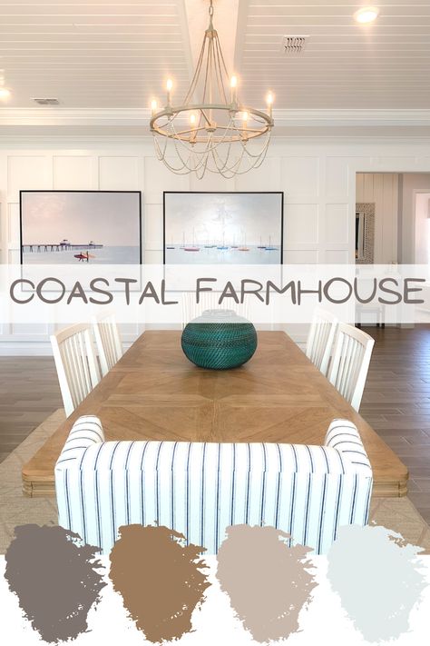 Coastal Farmhouse Colors, Costal Farmhouse, House Decor Inspiration, Florida Beach House Decor, Farmhouse Goals, Cottage Style Dining Room, Farmhouse Accent Wall, Weathered Wood Furniture, Beachy Farmhouse