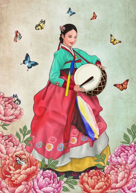 Korean Culture Dress, Korean Culture Drawing, Hanbok Art, Korean Drawing, Korean Traditional Art, Korean Culture Art, Korean Culture, South Korea Culture Traditional Dresses, Korean Hanbok Drawing