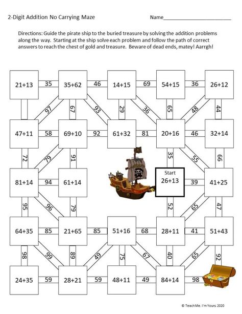 FREE 2-Digit Addition Math Maze (No Carrying) | Teach Me. I'm Yours. Pirate Math Worksheets, Math Activities For Grades 3-5, Fun Math Worksheets 2nd Grade, Math For Grade 5, Maths Worksheets Grade 2, Maze Worksheets For Kids, Pirate Maths Activities, Math Puzzles For Kids, Pirate Maths