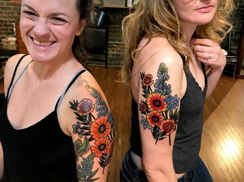 Amanda Grace Leadman (@agracie) • Instagram photos and videos Traditional Shoulder Tattoos For Women, Bluebonnet Tattoo, Paintbrush Tattoo, Texas Wildflowers, Rose Shoulder Tattoo, Cactus Tattoo, Tattoo Shoulder, Flower Tattoo Shoulder, Shoulder Tattoos For Women