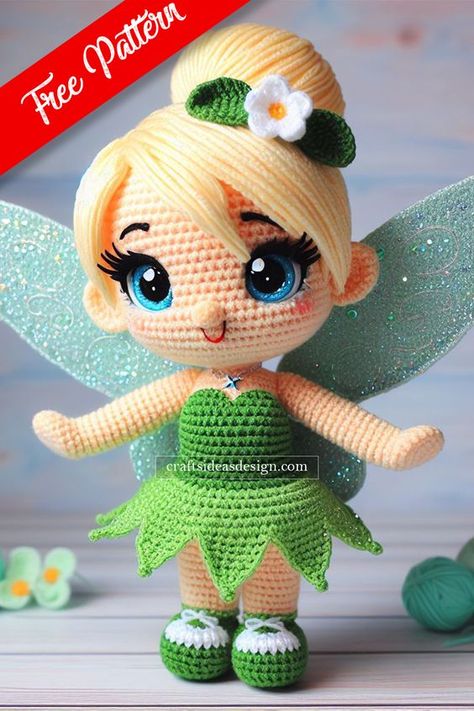 Creating a Tinker Bell Amigurumi is a magical project for crochet enthusiasts, especially those who admire this iconic fairy from J.M. Barrie's Peter Pan and its various adaptations. Crochet Tinkerbell Pattern Free, Amigurumi Disney Free Pattern, Free Pdf Crochet Patterns, Disney Amigurumi Free Pattern, Disney Crochet Patterns Free, Crochet Tinkerbell, Crochet Fairies, Crochet Fairy Doll, Free Crochet Doll Patterns