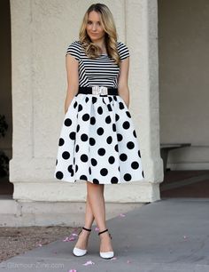 Black Polka Dot Skirt Outfit, Polka Dot Midi Skirt Outfit, Black And White Striped Skirt Outfit, White Polka Dot Skirt Outfit, Polka Dot Skirt Outfit, Striped Skirt Outfit, Dot Skirt Outfit, Black Polka Dot Skirt, Black And White Polka Dot Skirt