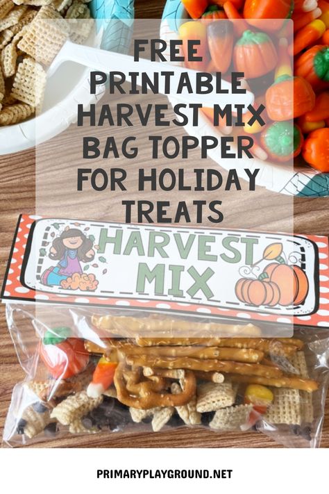 Scarecrow Mix Snack, Thanksgiving Snack Mix Printable, Preschool Fall Party Snacks, Fall Party Treats For Kids, Thanksgiving Snack Mix For Kids, Harvest Party Crafts For Kids, Harvest Mix Recipe, Preschool Harvest Party, Blessing Mix Free Printable