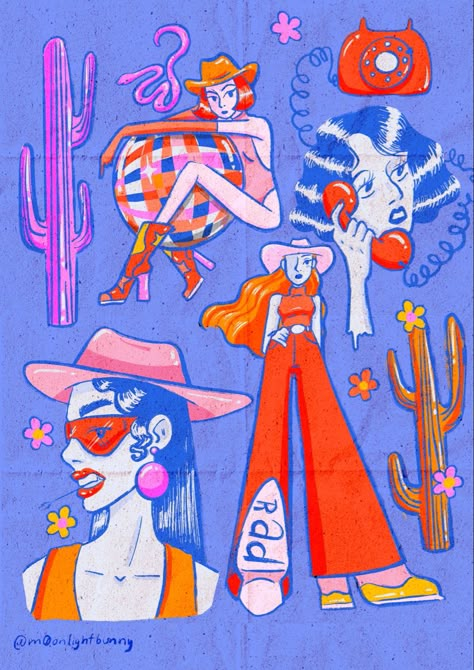 Space Cowgirl Illustration, Tropical Cowboy, Cowgirl Graphic Design, Space Cowboy Party, Retro Bbq, Cowboy Disco, Western Disco, Graphic Deisgn, Disco Cowboy