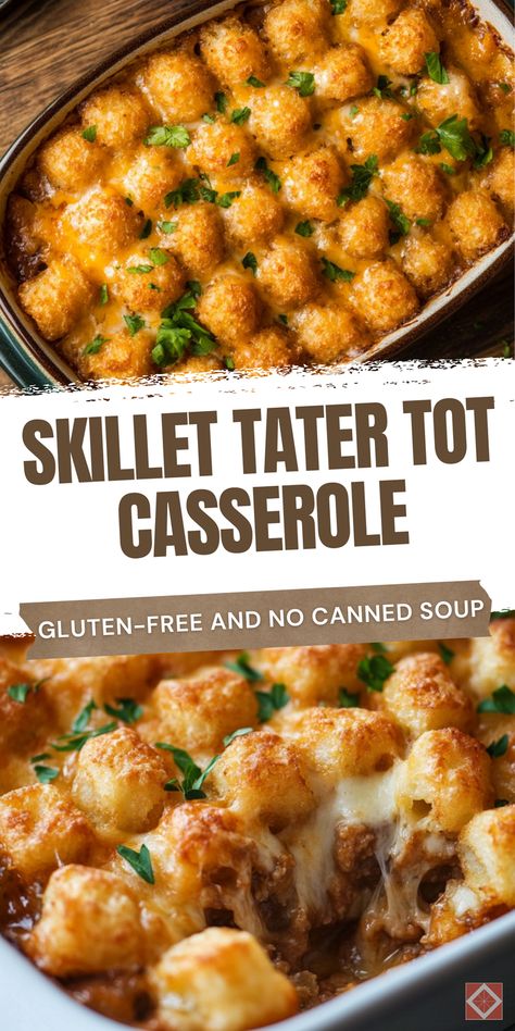 Make a simple and healthy gluten-free skillet tater tot casserole without canned soup. Ideal for your food recipes collection, this dish is full of fresh ingredients and rich flavors. Save this pin and click for detailed instructions and tips. Enjoy a comforting and wholesome casserole that's perfect for any meal. Tater Tot Casserole Without Cream Soup, Tarot Tot Casserole, Recipes Using Tater Tots, Tater Tot Recipe, Gluten Free Casserole Recipes, Tater Tot Recipes, Cheese Alternatives, Canned Soup, Condensed Soup