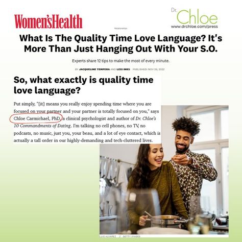 Have you heard of the "Quality Time" love language? Then read this @womenshealthmag article by Jacqueline Tempera and Lexi Inks. I also share some tips to incorporate this into your relationship. #couplegoals #advice #psychology #relationship #couple #datenight #emotionalhealth #guide #howto #love #lovelife #marriage #mentalwellness #relationshipadvice #relationshipgoals #tips Quality Time Love Language, Reflective Listening, Outdoor Date, Psychology Studies, Five Love Languages, 10 Commandments, Physical Touch, Clinical Psychologist, Love Language