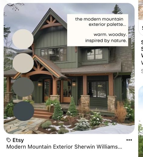 Dark Green Lake House, Mountain House Exterior Paint Colors, Green Lake House, River House Exterior, Sage Green House Exterior, Mountain House Exterior, Sage House, Green Siding, Green Cabin