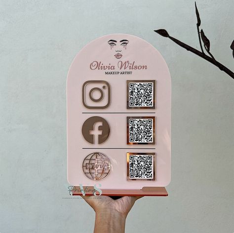 Triple Icon and QR Code Instagram Business Social Media Sign Qr Code Sign, Clothing Store Interior, Business Branding Inspiration, Custom Business Signs, Social Media Signs, Packaging Ideas Business, Salon Signs, Beauty Room Design, 3d Cnc