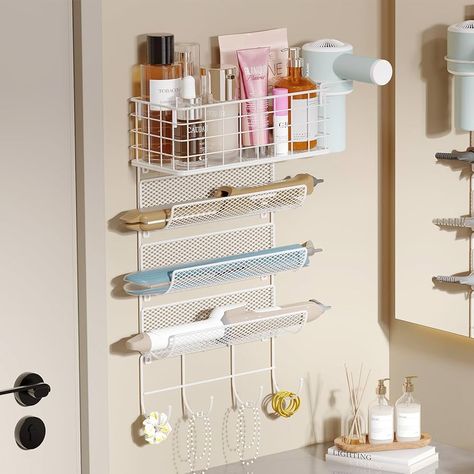 Amazon.com: Wall-Mounted Hair Dryer Holder Styling Tool Organizer 4-Shelf Storage Wire Basket with Hook Heat Safe Rack for Hair Straighteners,Curling Wands,Flat Iron,Perfume,Cabinet Door Bathroom Kitchen : Home & Kitchen Hair Straightener Wall Holder, Hair Styling Organizer, How To Store Hair Tools, Hair Salon Organization, Bob Hairstyles With Braids, Hot Tool Storage, Diy Hair Tool Organizer, Hair Products Organization, Perfume Cabinet